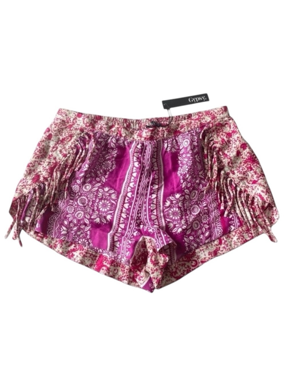 new Gypsy05 ꧁ Mixed Print Rayon Voile Fringe Shorts ꧂ Hot Pink Large ꧂ Festival - Picture 8 of 16